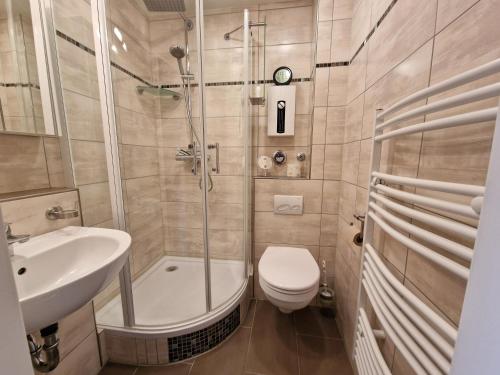 uma casa de banho com um chuveiro, um WC e um lavatório. em Tief 10 7 em Wangerland