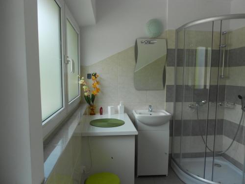 a bathroom with a sink and a shower at Extra Pokoje do Wynajęcia in Kraków