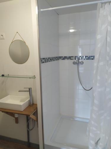 une salle de bain avec douche et lavabo dans l'établissement Gîte centre ville de Thiviers, à Thiviers