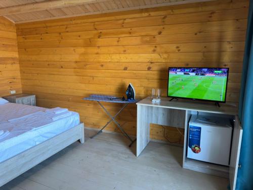 a bedroom with a bed and a television on a desk at Эко-комплекс More in Gudauta