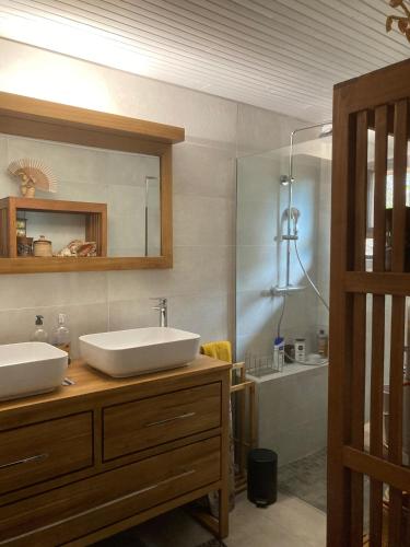 a bathroom with a sink and a mirror and a tub at Maison camomille in Le Cap