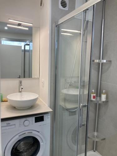 ein Badezimmer mit einer Waschmaschine und einem Waschbecken in der Unterkunft Charmant Studio à Boulogne Nord proche porte d'Auteuil in Boulogne-Billancourt