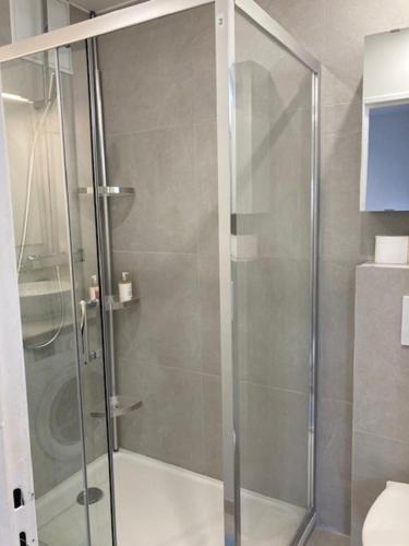 a shower with a glass door in a bathroom at Charmant Studio à Boulogne Nord proche porte d'Auteuil in Boulogne-Billancourt