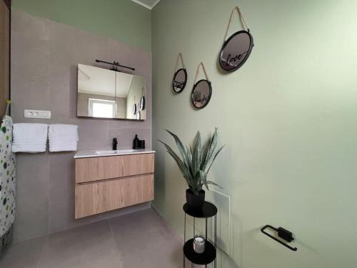 uma casa de banho com um lavatório e um vaso de plantas na parede em Katie's Luxury Place em Plataniás