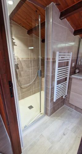 une douche avec une porte vitrée dans une salle de bain dans l'établissement Chalet, à Bazoches-sur-le-Betz