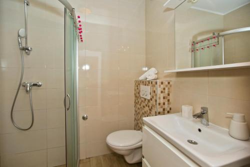 a bathroom with a shower and a toilet and a sink at Luka's Lodge Guesthouse & Hostel in Hvar