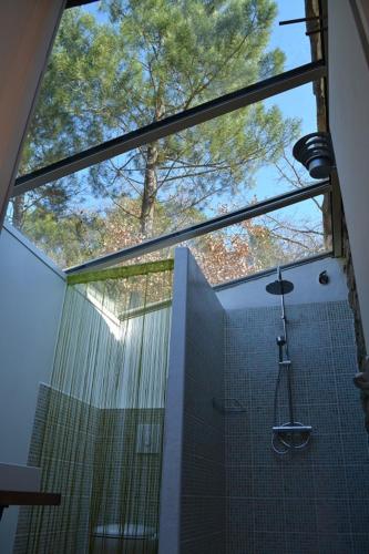 La salle de bains est pourvue d'une douche et d'une fenêtre en verre. dans l'établissement Mas des Collines Gîte de charme avec Piscine, à Châteauneuf-de-Bordette