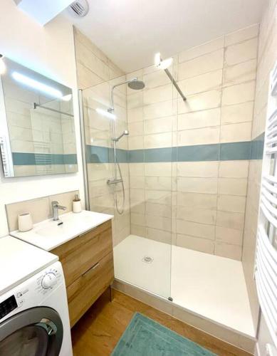 une salle de bain avec douche et lavabo et une machine à laver dans l'établissement Appartement centre-bourg de Bessines, à Bessines-sur-Gartempe