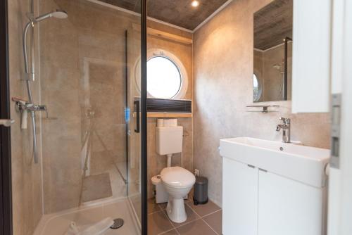 een badkamer met een douche, een toilet en een wastafel bij Hafenresort Karnin _ Hausboot Pit in Karnin