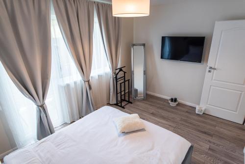 a bedroom with a bed and a tv and windows at TEILOR Apartments 1 in Floreşti