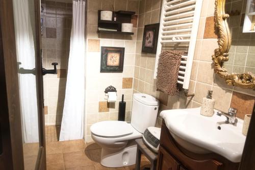 a bathroom with a toilet and a sink and a mirror at LES LLÚDRIGUES. Casa Loft con encantadora terraza in Arnés