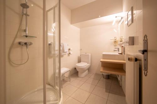 La salle de bains est pourvue d'une douche, de toilettes et d'un lavabo. dans l'établissement Hôtel Wilson - Teritoria, à Dijon