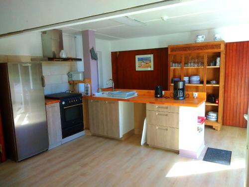 une cuisine avec un réfrigérateur et un plan de travail dans l'établissement Gites et Chambres La colo du gave, à Auterrive