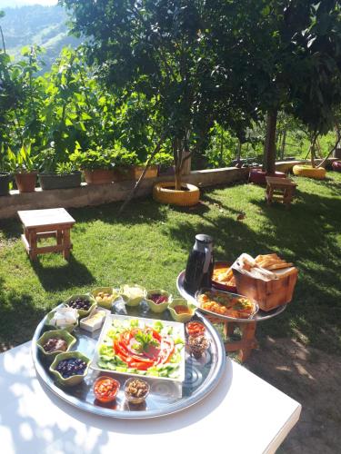 a table with several plates of food on it at Vinland Villa Atalar in Trabzon