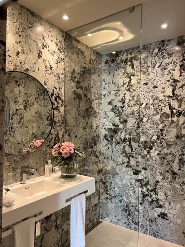 une salle de bain avec un lavabo et une douche en verre dans l'établissement Hotel Château Des Alpilles, à Saint-Rémy-de-Provence