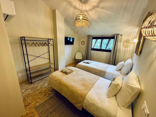 a hotel room with two beds and a chandelier at Domaine de la Source in Sainte-Christie-dʼArmagnac