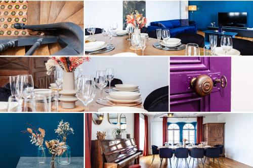 een collage van foto's van een tafel met wijnglazen bij Jolie m'Home*Le Puy du Fou in Mauléon