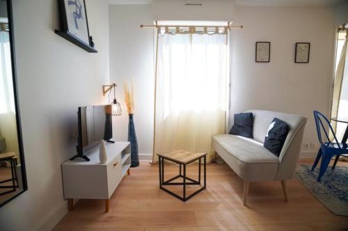 a living room with a couch and a tv at Studio Majorelle in Quimper