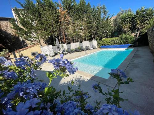 a swimming pool with chairs and purple flowers at Velezia LOVE in Roujan