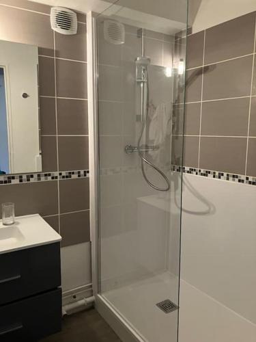 une salle de bain avec une douche avec une porte vitrée dans l'établissement Appt agréable avec balcon au sud-ouest de Caen, à Caen