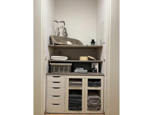 a closet with white drawers and a shelf at SCHEPPEs AUSZEIT in Wenden