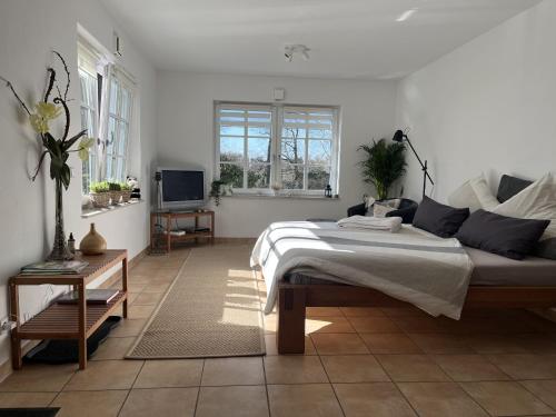 a bedroom with a bed and a television in it at SCHEPPEs AUSZEIT in Wenden