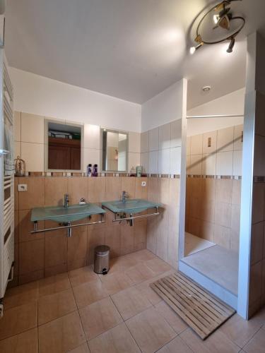 a bathroom with two sinks and a large mirror at Chambre au calme proche de la nature in Auxi-le-Château