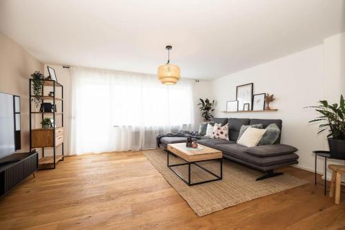 a living room with a couch and a table at Luxury Apartment on the Rhein in Busingen am Hochrhein