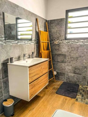 La salle de bains est pourvue d'un lavabo et d'un miroir. dans l'établissement Villa cap zen and spa, à Petite Île