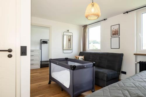 a living room with a couch and a bed at Luxury Apartment on the Rhein in Busingen am Hochrhein