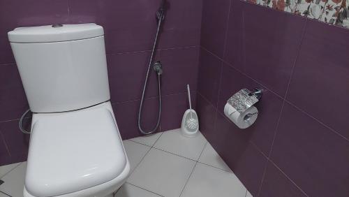 a bathroom with a toilet in a purple wall at Sami BnB - Apt 04 Makongo after Mlimani City in Dar es Salaam