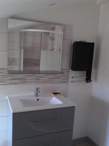 La salle de bains est pourvue d'un lavabo, d'un miroir et d'une télévision. dans l'établissement LA CAMPAGNE, à Nérac