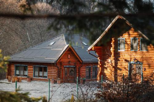 a log cabin with a black roof at Cabana Bavareză in Porumbacu de Sus