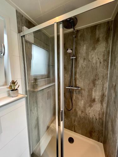 a shower with a glass door in a bathroom at New - Waterfont Villa08 - Private Residence on a lake near Amsterdam in Vinkeveen