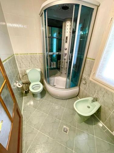 een badkamer met een douche, een toilet en een wastafel bij Bell House in Moisei