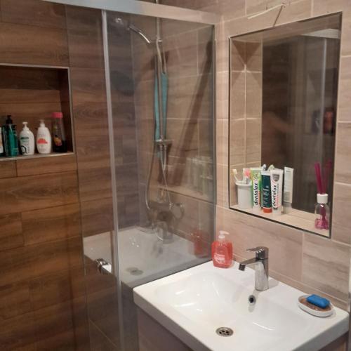 a bathroom with a shower and a sink at Home Jurmala in Jūrmala