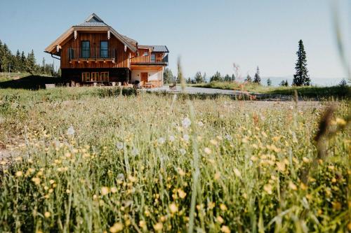 ein Haus auf einem Hügel mit einem Blumenfeld in der Unterkunft Knappenhütte in Villach