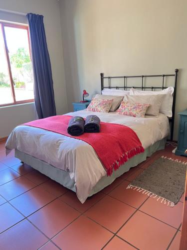 una camera da letto con un letto con una coperta rossa di Tuinhuis a Oudtshoorn