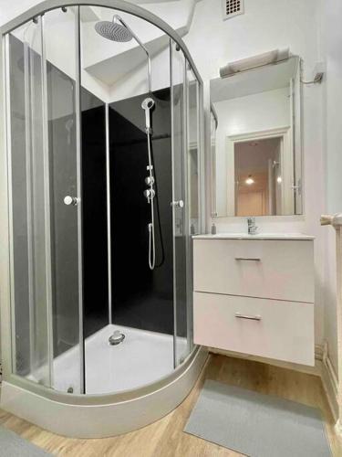 une salle de bain avec une douche avec un lavabo et un miroir dans l'établissement La Turenne ! Hypercentre, à Lorient