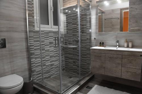 een badkamer met een douche, een toilet en een wastafel bij Konstantina Apartment in Athene