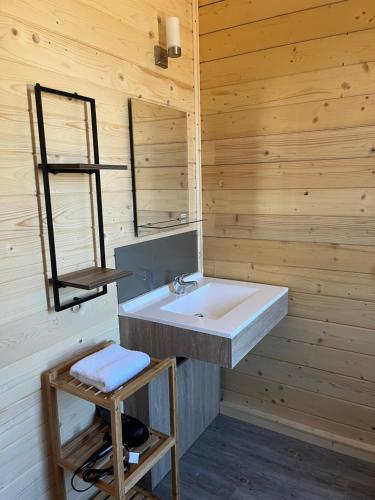 uma casa de banho com um lavatório numa parede de madeira em Chalet avec spa, Au Bois Quartois em La Quarte