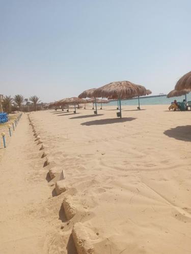 a row of straw umbrellas on a sandy beach at شاليه فندقي ڤيو البحر Ain sokhna-families& married only in Ain Sokhna