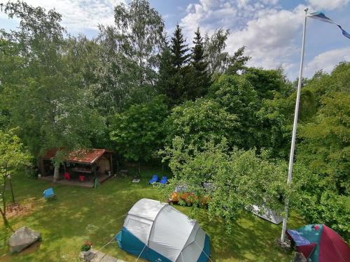 an aerial view of a camping site with a tent at Piibelehe Guest Accommodation in Kuressaare