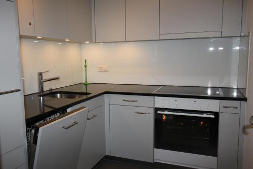 a kitchen with white cabinets and a sink and an oven at Residenza Lagrev 2 Zimmerwohnung - Nr 002 - Typ 21A - Hochparterre - Süd West in Sils Maria