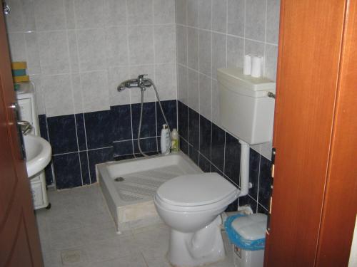 a bathroom with a toilet and a bath tub at Eυχάριστο εξοχικό με όμορφη θέα in Skotína