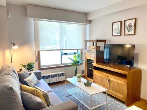 sala de estar con sofá y TV de pantalla plana en Andainas Apartamentos Turísticos A, en Milladoiro