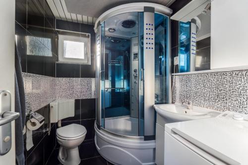 ein Bad mit einer Dusche, einem WC und einem Waschbecken in der Unterkunft Villa Tratea - With Pool in Tomić Draga