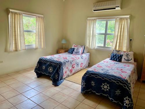 a bedroom with two beds and two windows at Mandevilla Nevis in Cliftons