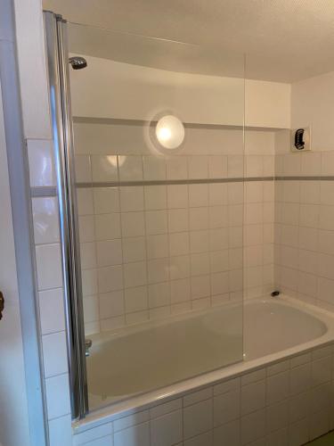 La salle de bains est pourvue d'une baignoire et d'une douche en verre. dans l'établissement Cosy Cathédrale, à Strasbourg