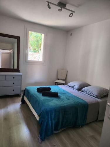 - une chambre avec un lit, une commode et une télévision dans l'établissement Appartement sandonato, à Clermont-lʼHérault